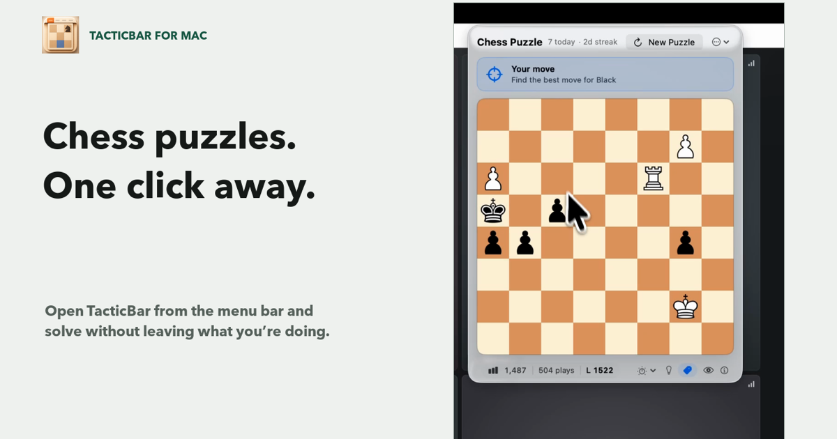 TacticBar showing a chess puzzle in a Mac menu bar popover
